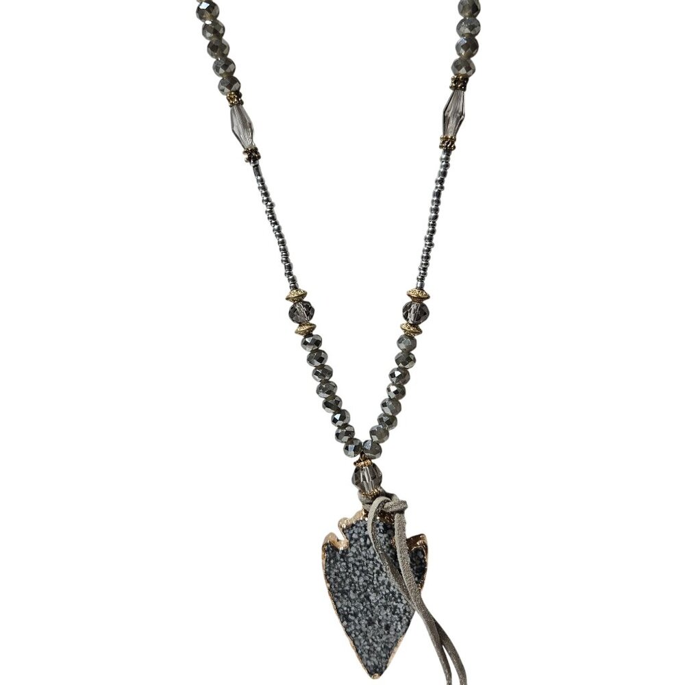 Handcrafted Druzy Crystal Arrowhead Pendant Necklace Beaded Chain Leather Tassel